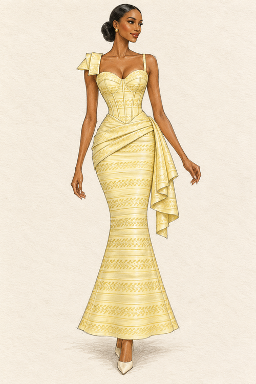Bazin riche damassé – Jaune pâle motif feuilles (3 m, le complet)