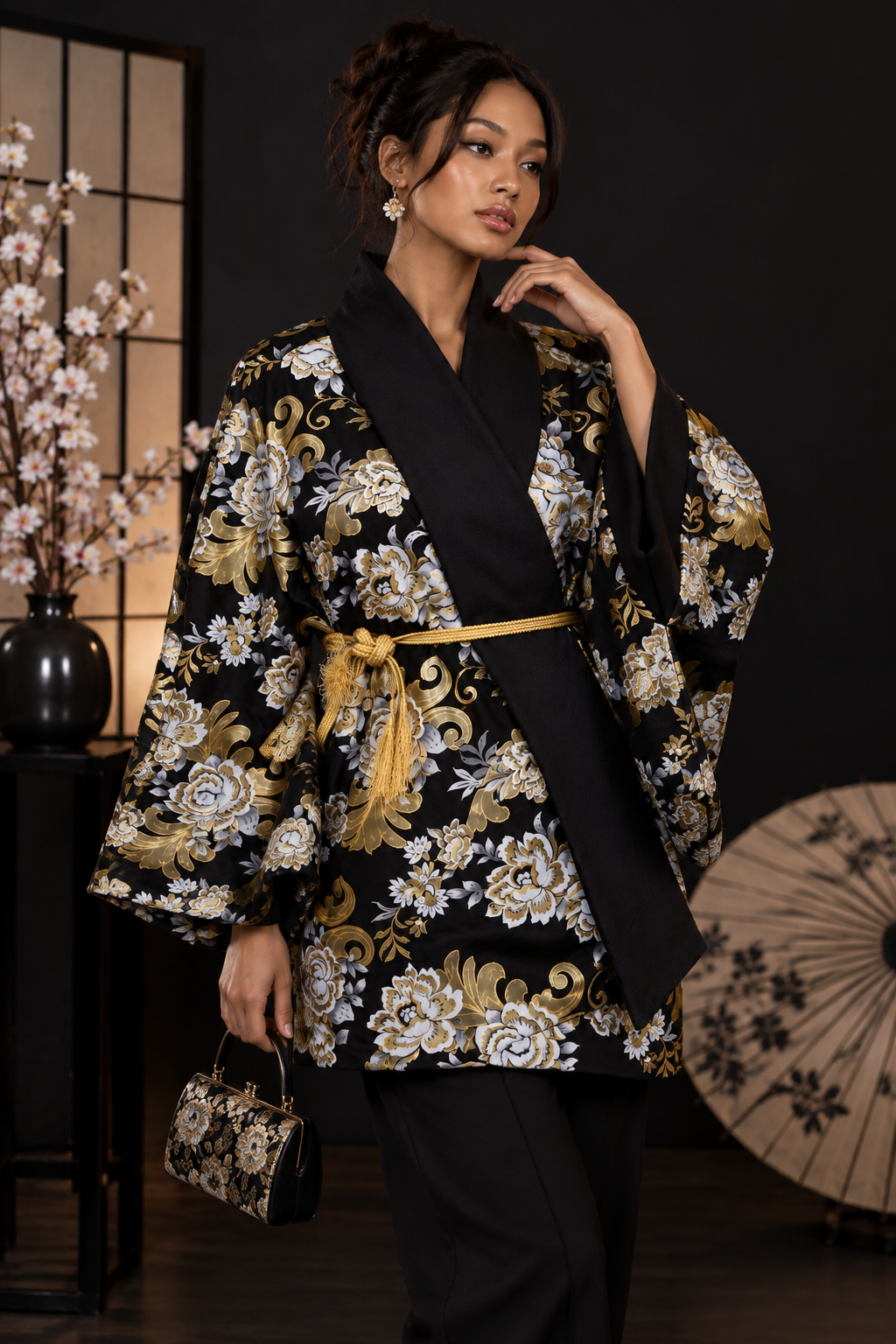 Black & Gold Brocade Haori — Peonies