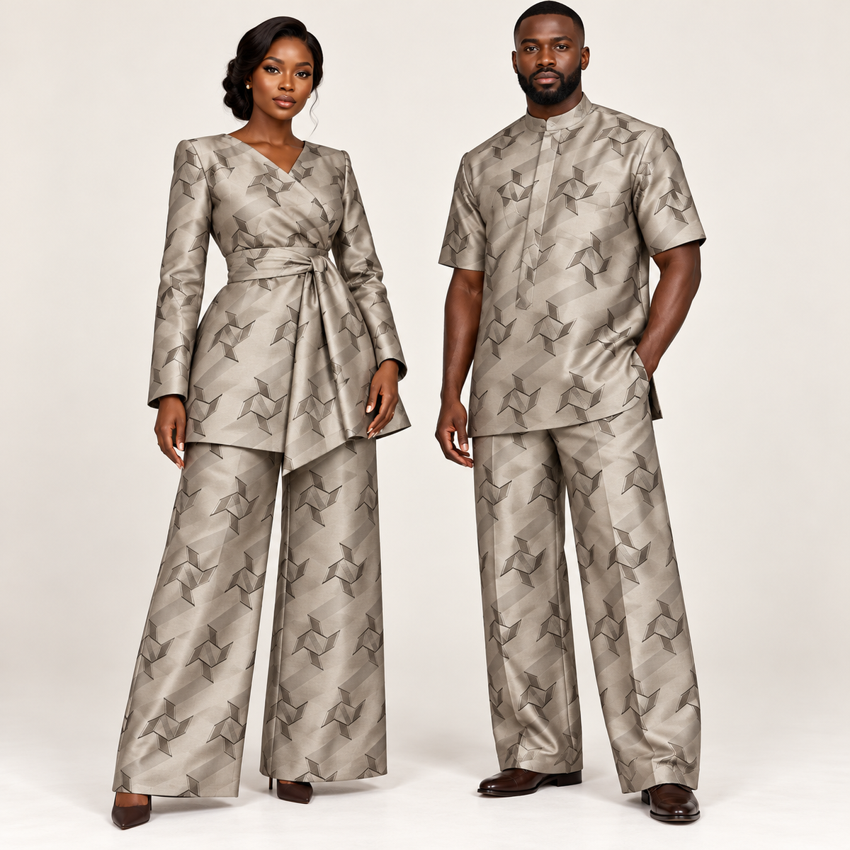 Bazin riche jacquard – Greige géométrique (3 m, le complet)