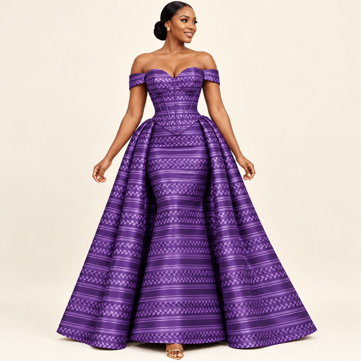 Bazin riche damassé – Violet motif feuilles (3 m, le complet)
