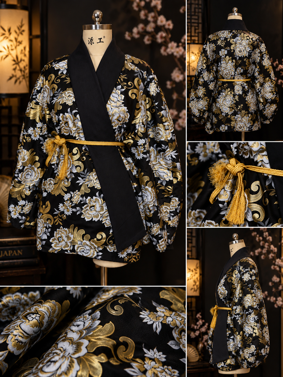 Black & Gold Brocade Haori — Peonies