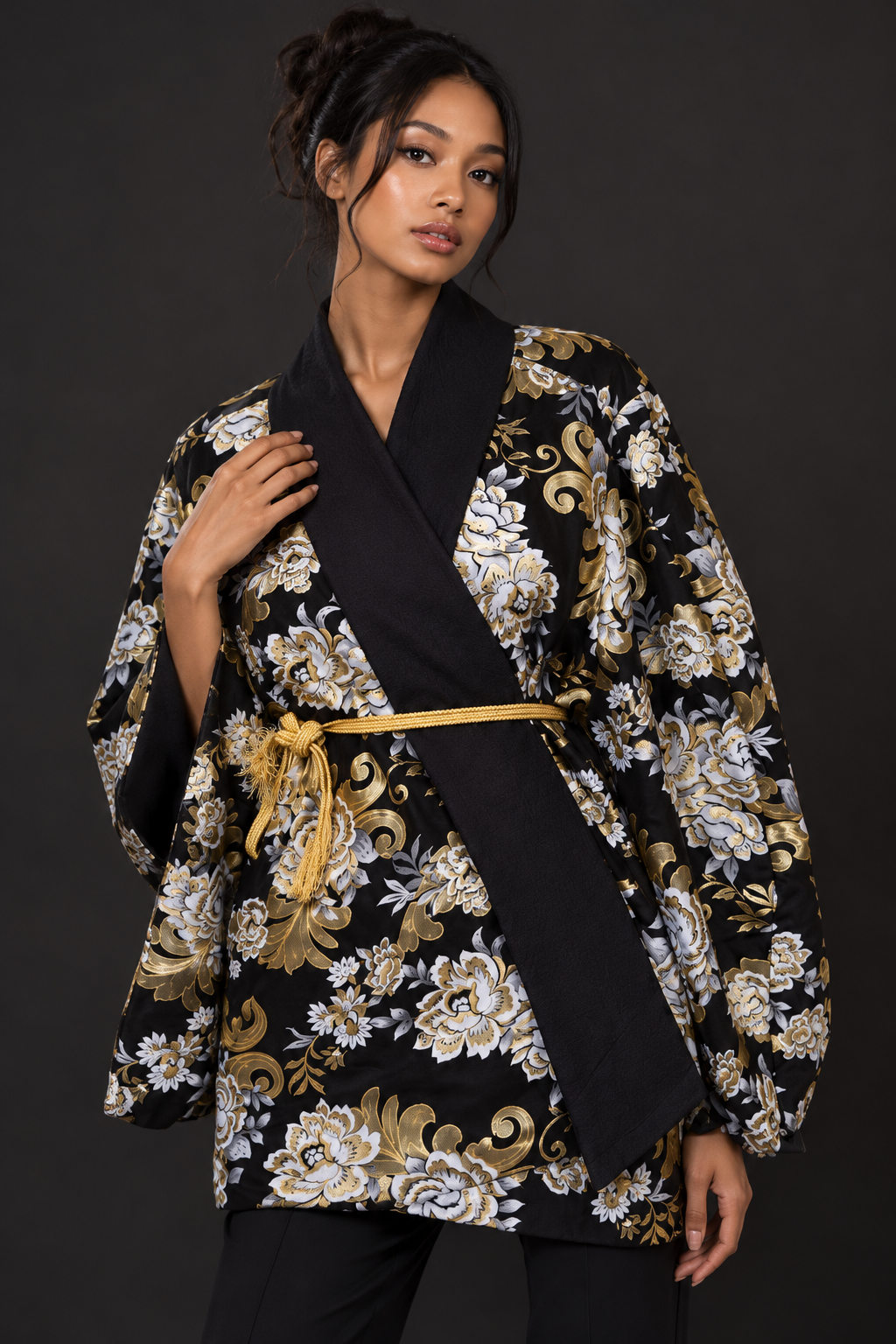 Black & Gold Brocade Haori — Peonies