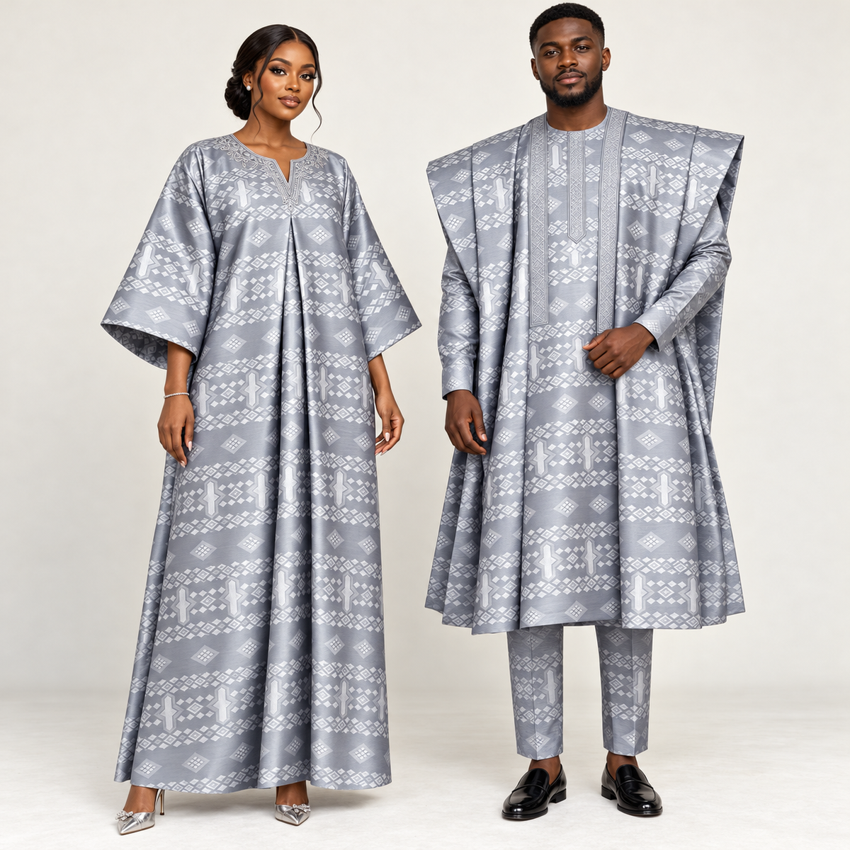 Bazin riche jacquard – Gris bleuté à motifs (3 m, le complet)