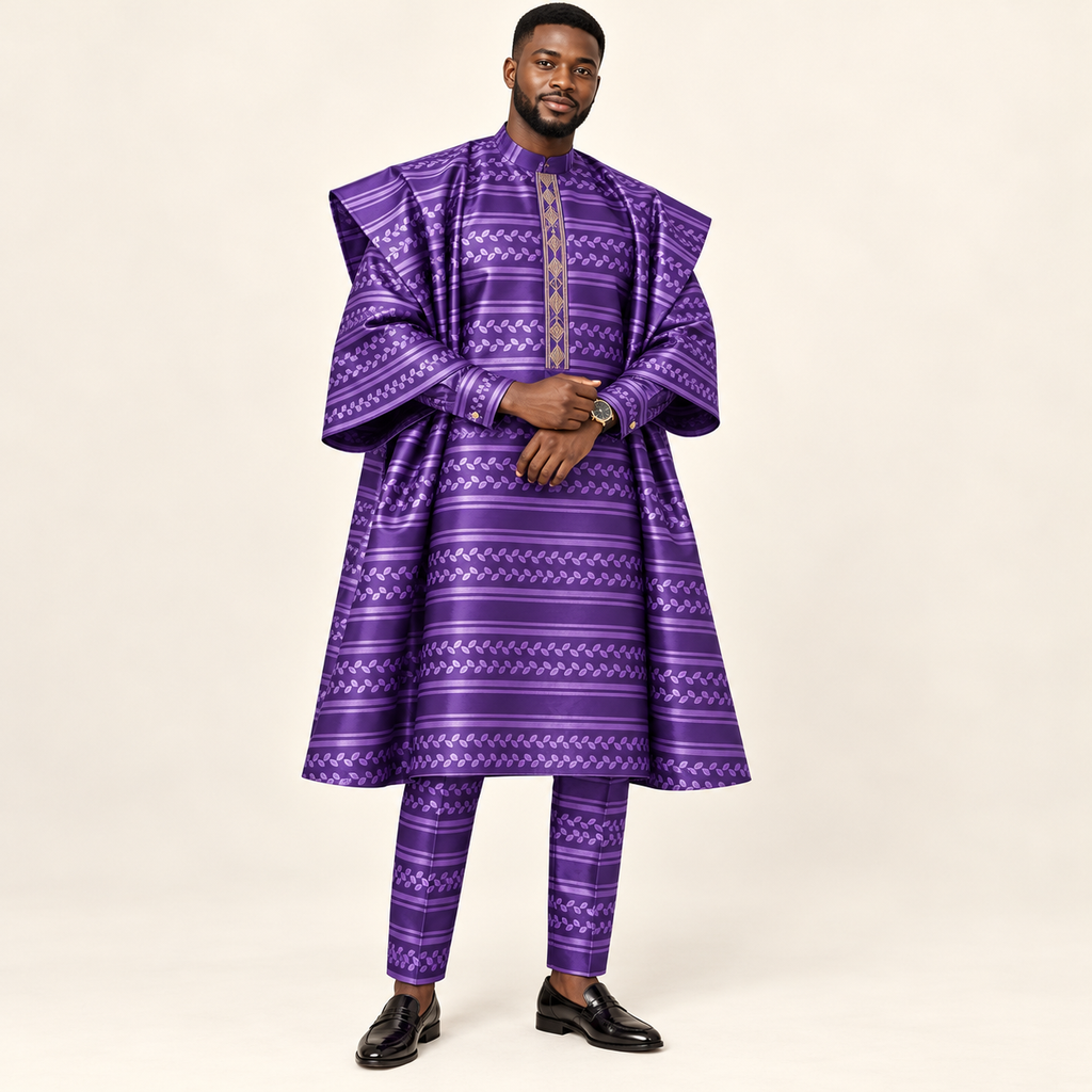 Bazin riche damassé – Violet motif feuilles (3 m, le complet)