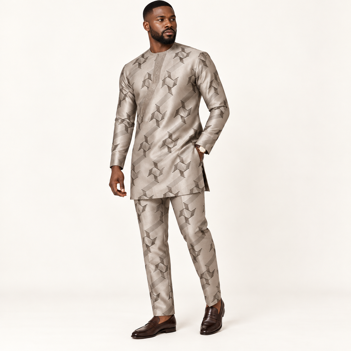 Bazin riche jacquard – Greige géométrique (3 m, le complet)