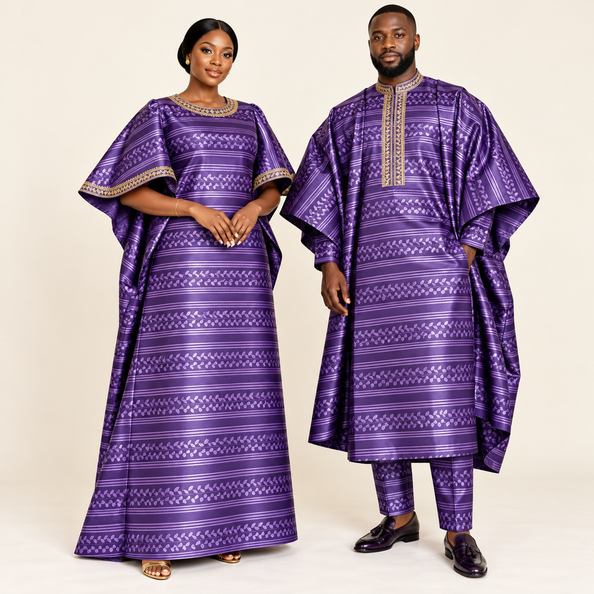 Bazin riche damassé – Violet motif feuilles (3 m, le complet)