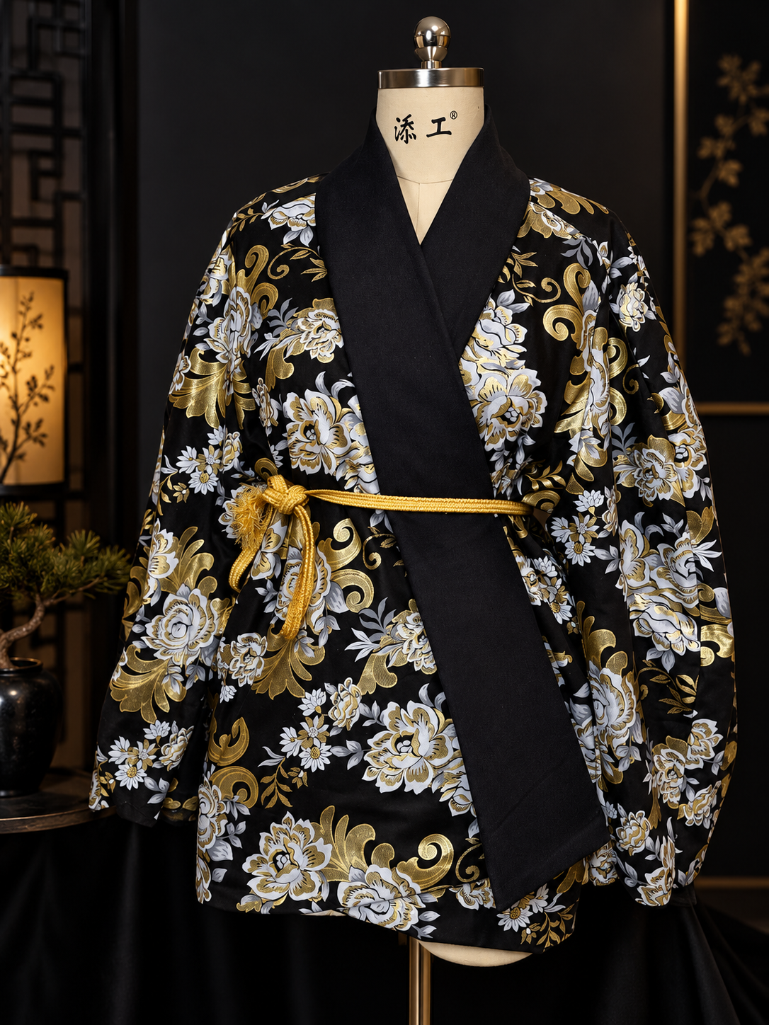 Black & Gold Brocade Haori — Peonies