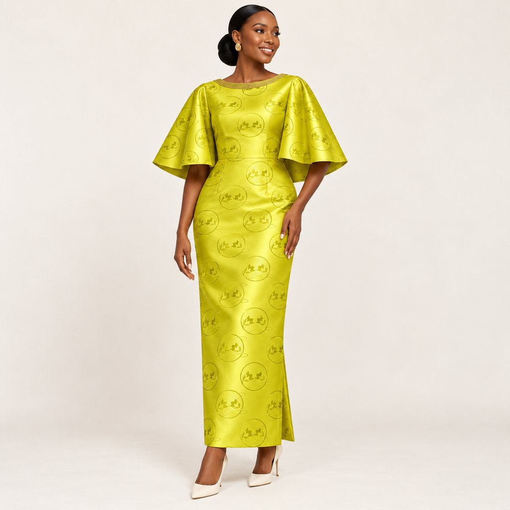 Rich jacquard Bazin – Lime yellow (3m, full set)