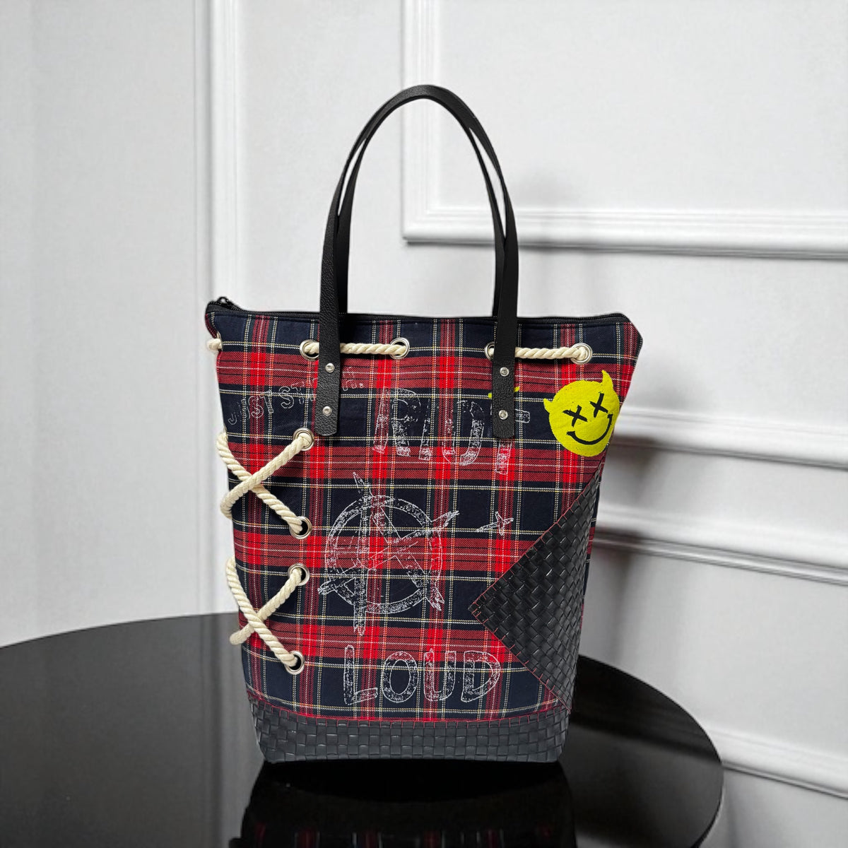 Sac cabas tartan rouge et marine